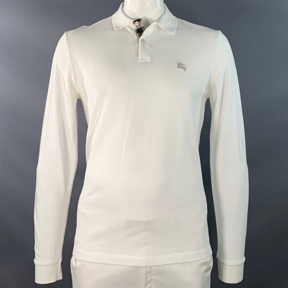 BURBERRY BRIT L White Embroidery Cotton Pique Contrast Trim Long Sleeve Polo